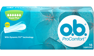 Imagem de uma embalagem de o.b.® ProComfort™ Super Plus. O produto tem seis gotículas, que indicam que é recomendado para os dias de fluxo abundante a muito abundante.