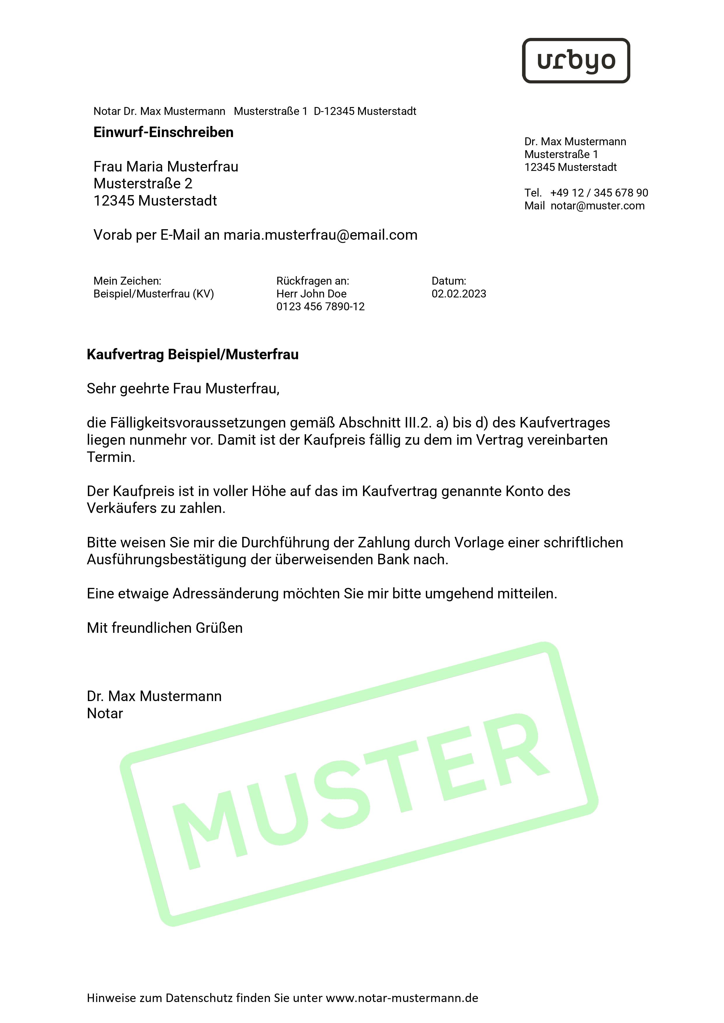 Muster Kaufpreisfälligkeitsmitteilung