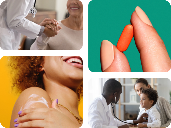 composite image of healthcare professionals, woman applying sunscreen and pill