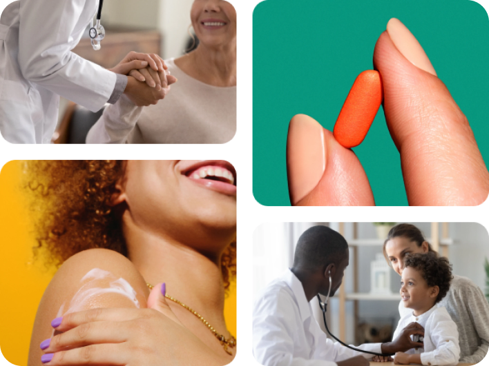 composite image of healthcare professionals, woman applying sunscreen and pill