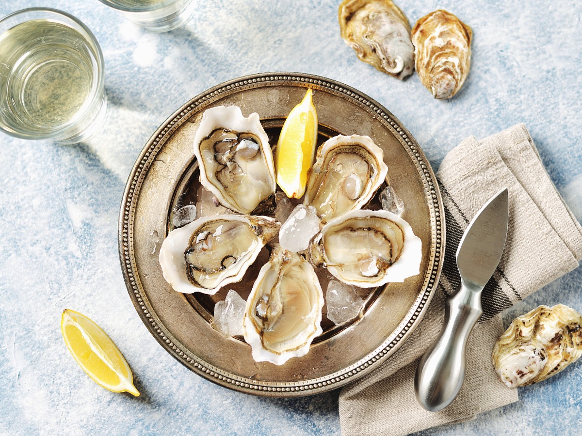 fresh-ocean-oysters-with-slices-of-lemon-on-ice-top-view-copy-cpace-picture-id1146236563