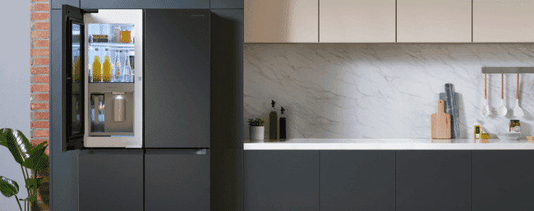 A black French door fridge matches a dualtoned black and cream kitchen