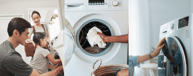 A woman removes freshly dried clothes from the tumble dryer in her laundry