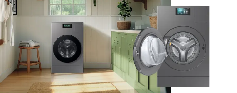 Samsung BESPOKE AI Heat Pump Combo in modern laundry room