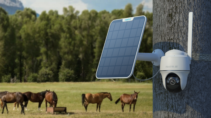 Image of a Reolink 4G Wireless Security Camera + Solar Panel installed outside in a field amongst horses