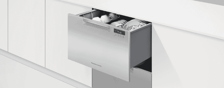 The Fisher  Paykel 60cm Integrated Dishdrawer Dishwasher in a white kitchen