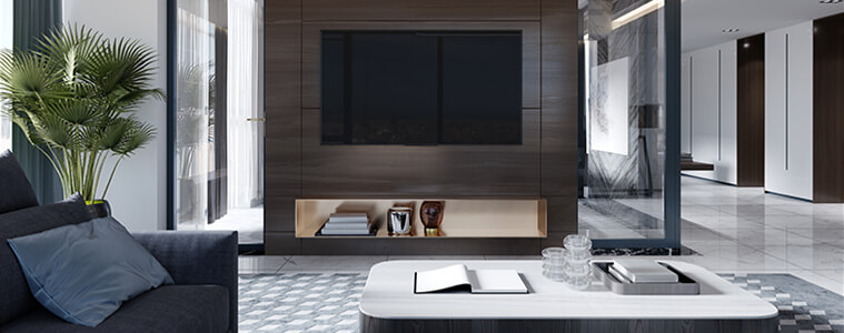 Modern and minimalist living room with 8k flat screen TV mounted on the wall