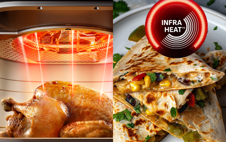 Infrared heating element glowing red above a roast chicken inside an air fryer, next to crispy quesadillas and the Tefal Infra Heat™ logo.