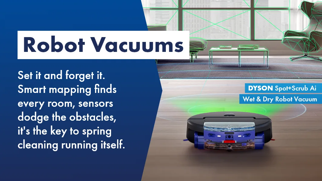 Dyson robot vacuum with AI smart mapping scanning a living room, the perfect tool for Spring Clean.
