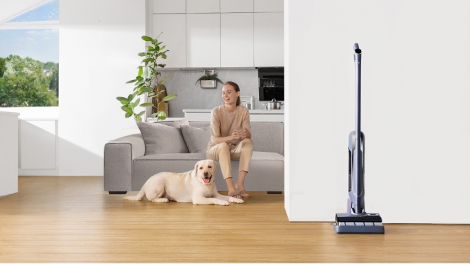 Narwal hard floor cleaner sitting in living room