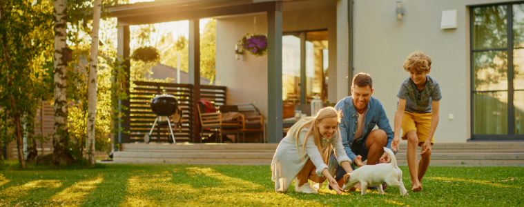 family playing in backyard