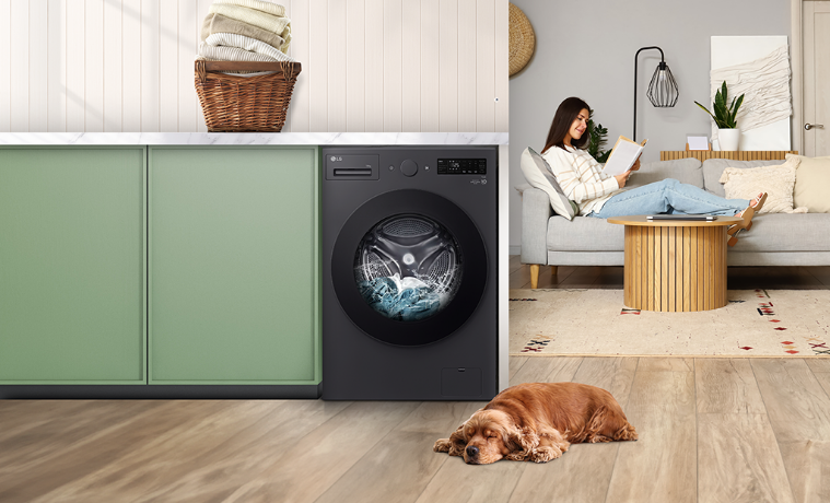 LG 14kg Front Load Washing Machine in modern laundry