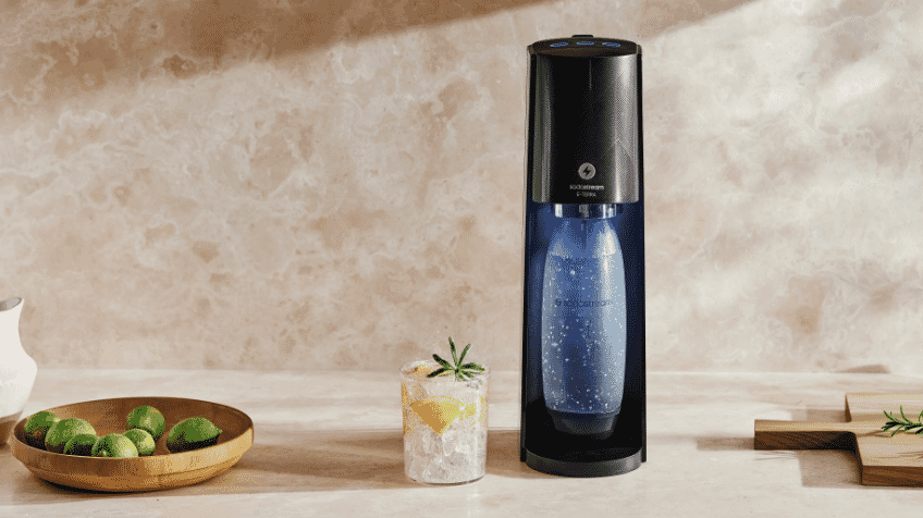 Image of the Sodastream E Terra Black Sparkling Water Maker on a kitchen bench