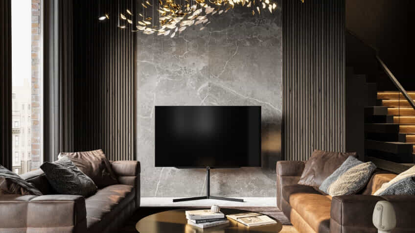 Dark luxe living room featuring the exclusive LOEWE Bild S77 TV  The Good Guys