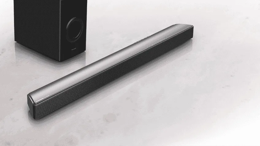 A Panasonic sound bar and Subwoofer on a marble background The Good Guys