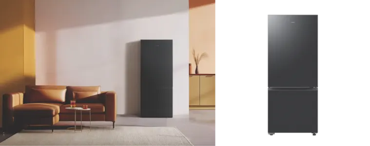 Lady cleaning out her fridge with orange gloves