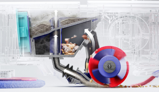 Graphic of Dyson’s Twin-capture™ system in the r2 Nurovi Wash+Dry Robotic Vacuum