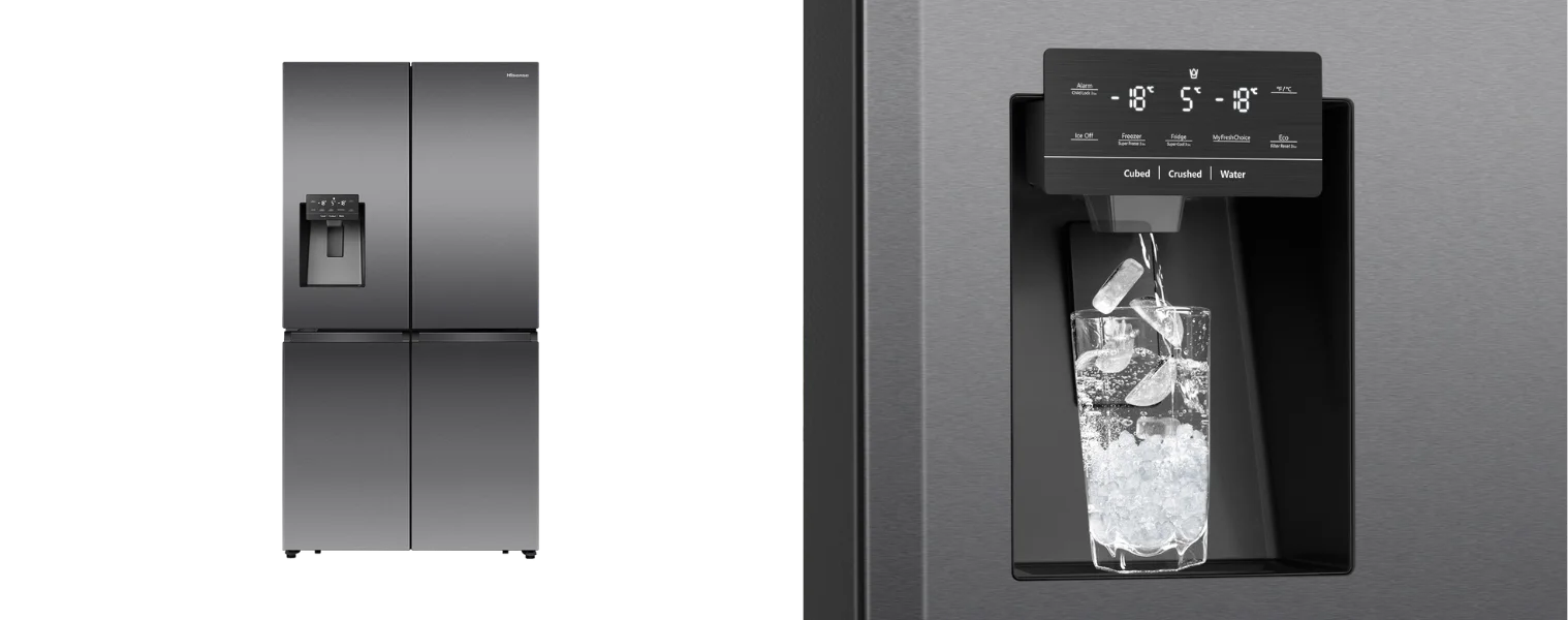 Close up image of the water and ice dispenser on the Hisense PureFlat Eclipse Dark Steel 585L Fridge