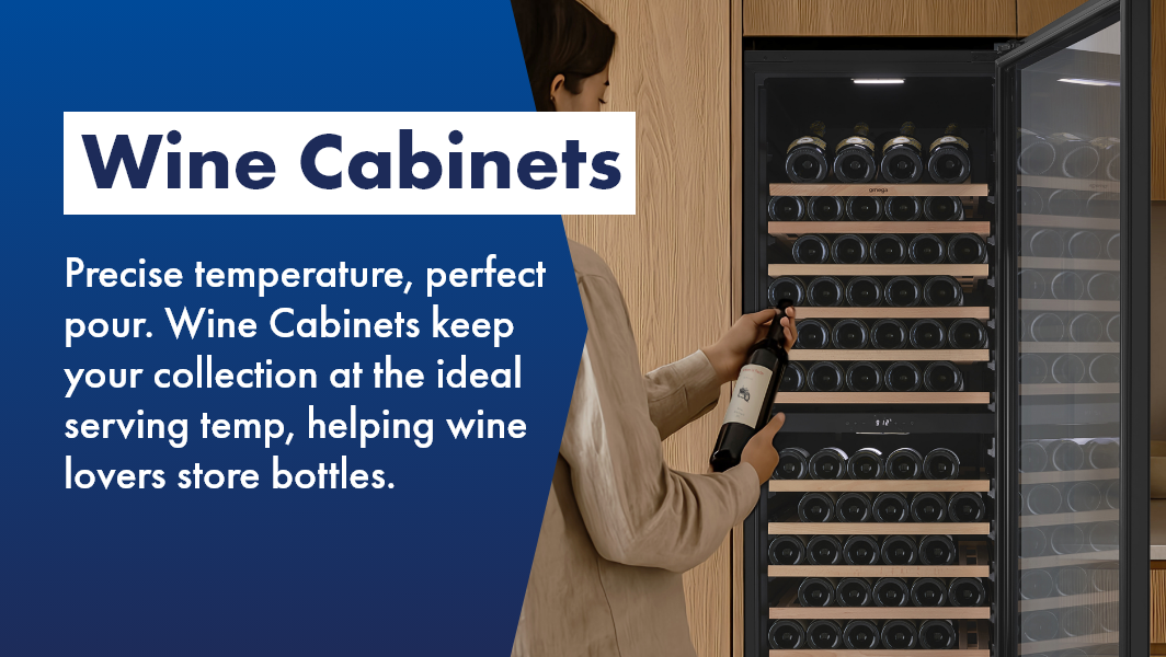 Chic omega wine cabinet storing different wines in timbre kitchen, woman inspecting her now perfectly chilled bottle. Wine Cabinets are available at The Good Guys. 