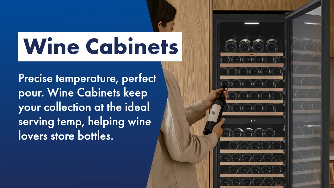 Chic omega wine cabinet storing different wines in timbre kitchen, woman inspecting her now perfectly chilled bottle. Wine Cabinets are available at The Good Guys.