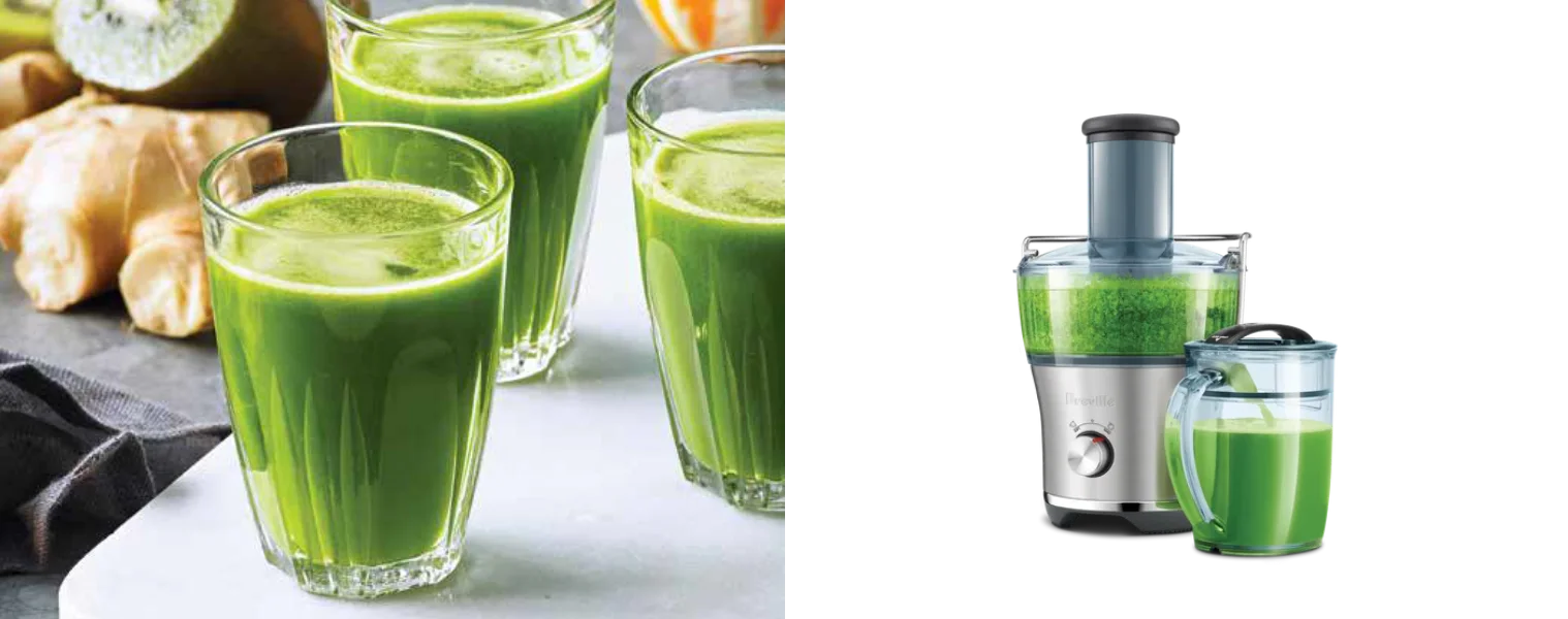 Image of the Breville Green Zinger juice next to the Breville The Juice Fountain Fresh Compact
