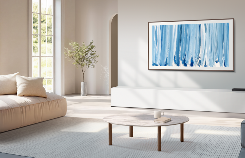 Style frame TV by Samsung on wall in dining room.