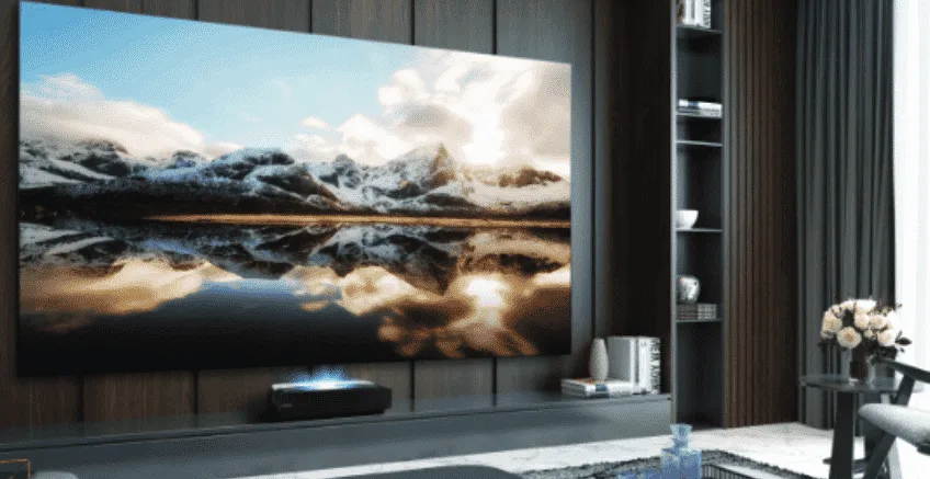 Image of Hisense TV set up with laser projector underneath