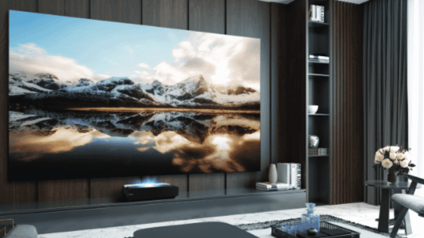 Image of Hisense TV set up with laser projector underneath