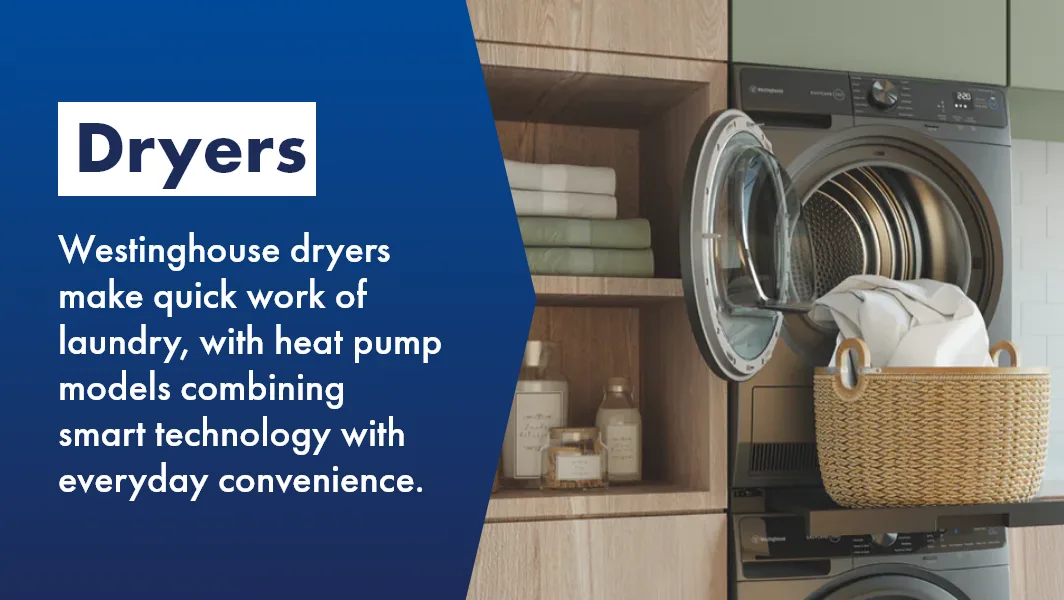 Close up of stylish Westinghouse grey dryer emptying clean and dry washing into the basket, making quick work of laundry for everyday convenience.