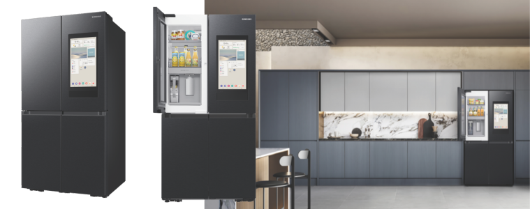 Samsung Family Hub French Door Fridge in stylish kitchen.