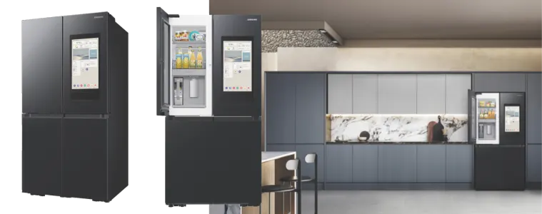 Samsung Family Hub French Door Fridge in stylish kitchen.