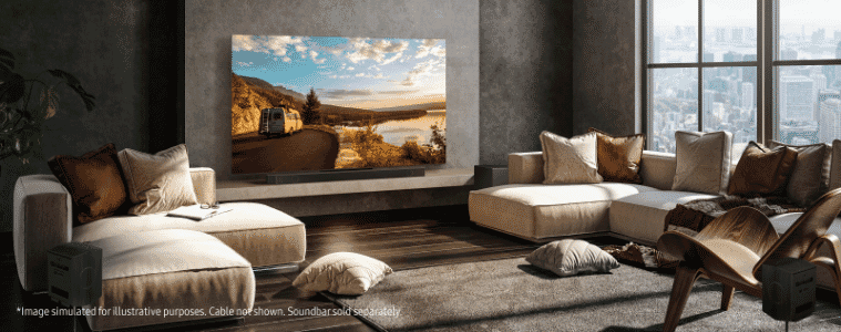 Samsung tv mounted on the wall of a loungeroom 