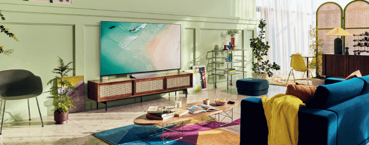 LG OLED TV in a bright room on a serif The Good Guys