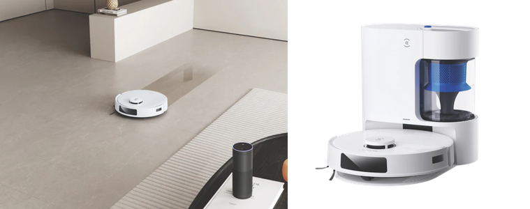 Ecovacs DEEBOT N20 PRO PLUS Robotic Vacuum cleaning floor, as well as a close up of the product. 