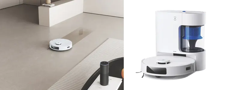 Ecovacs DEEBOT N20 PRO PLUS Robotic Vacuum cleaning floor, as well as a close up of the product.