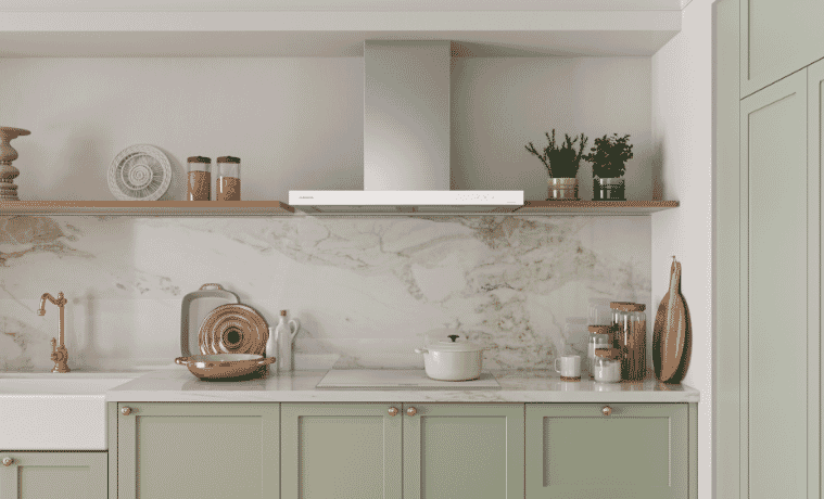 Samsung suite of cooking appliances in mint green kitchen 