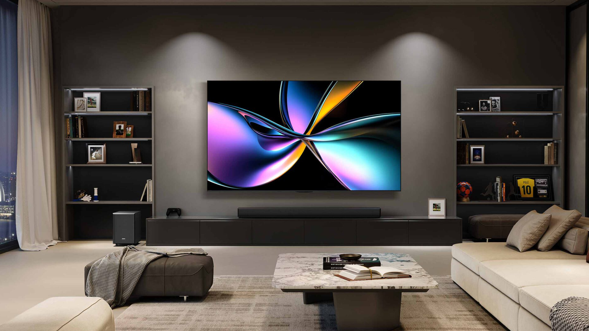 Lifestyle image of a Hisense 2025 TV in a living room.