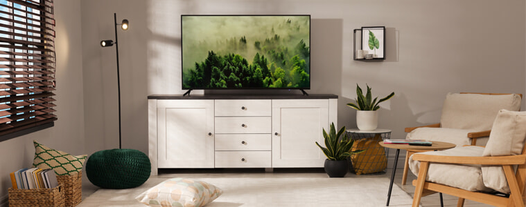 An aerial shot of a forest scene plays on a TV in a living room