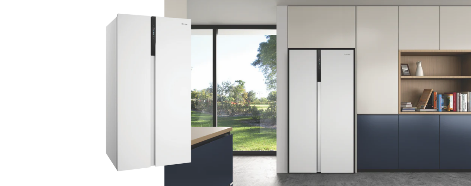 Side and front angle of the Westinghouse 624L Side by Side Refrigerator in a modern day kitchen 