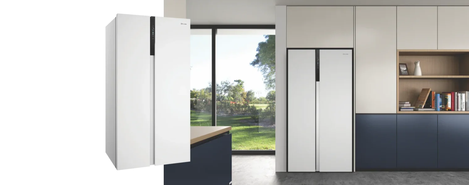 Side and front angle of the Westinghouse 624L Side by Side Refrigerator in a modern day kitchen