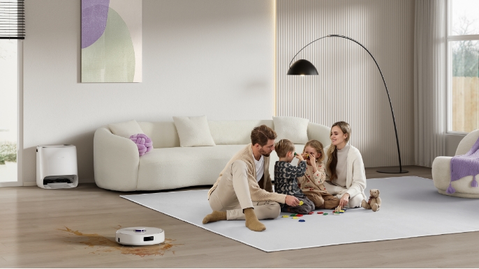 Narwal Robot Vacuum in living room with family
