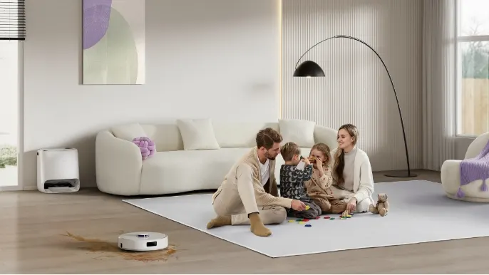 Narwal Robot Vacuum in living room with family