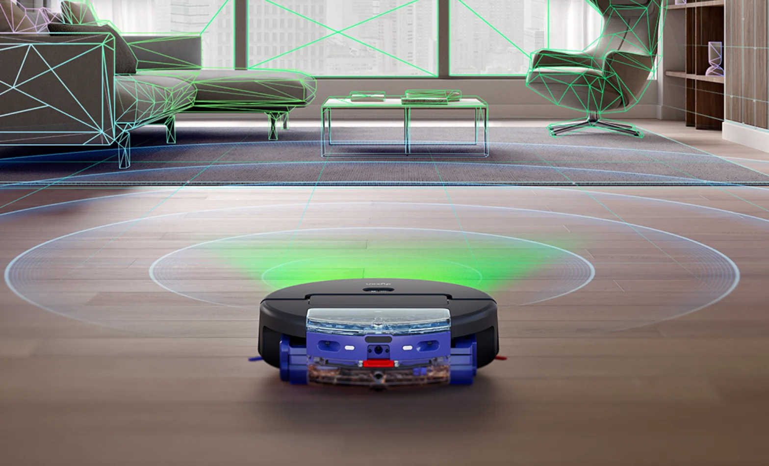 Lifestyle image of the Dyson Spot+Scrub™ Ai Wet and Dry Robot Vacuum cleaning modern living room