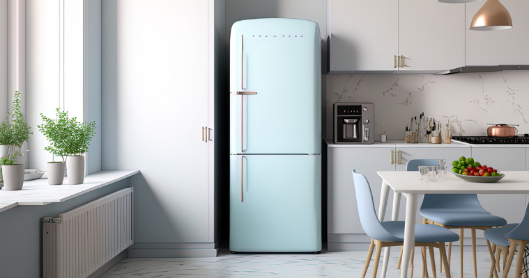 Modern kitchen with natural light and a focused view of a large fridge nearby a kitchen table and benchtop 