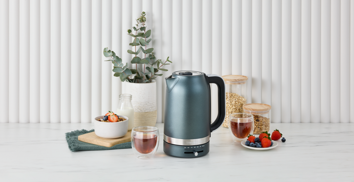 Lifestyle image of a KitchenAid kettle surrounded by breakfast foods