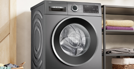 Graphite Bosch washing machine in laundry. 