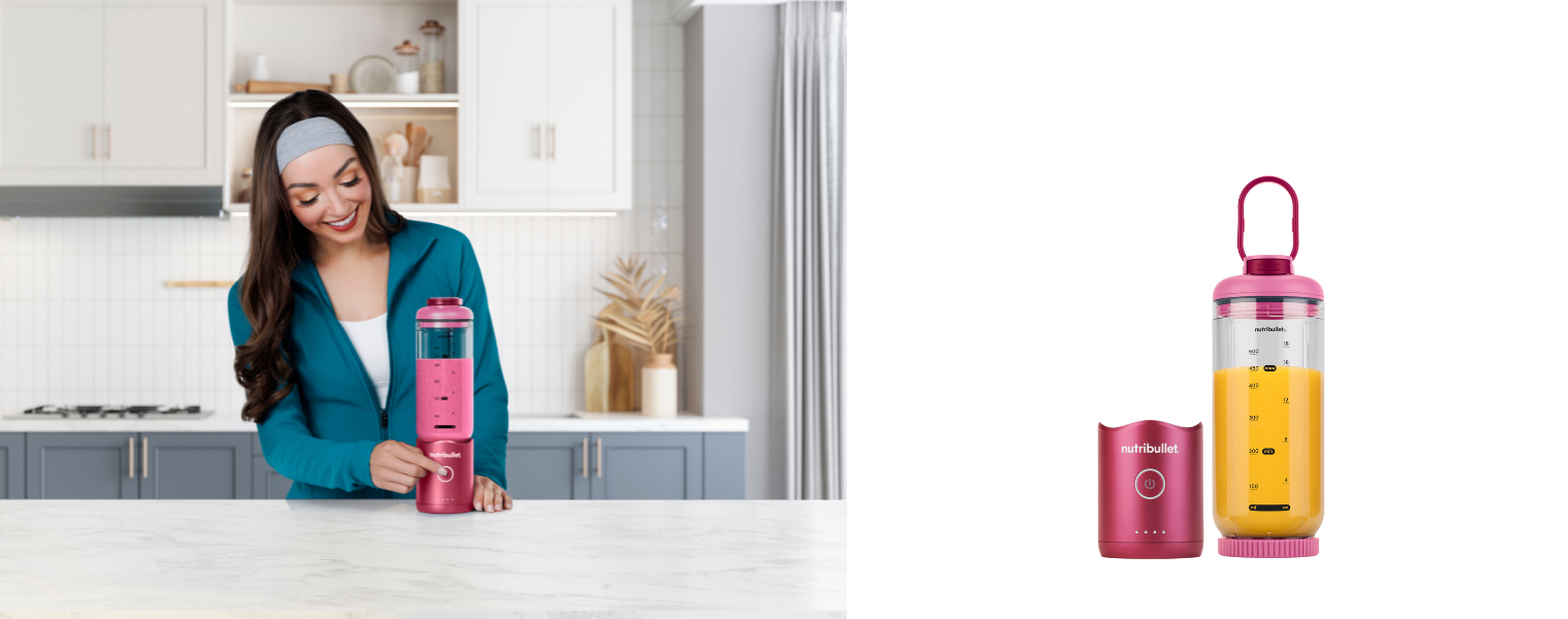 Image of a woman using a NUTRIBULLET Flex Portable Blender Ruby Red
