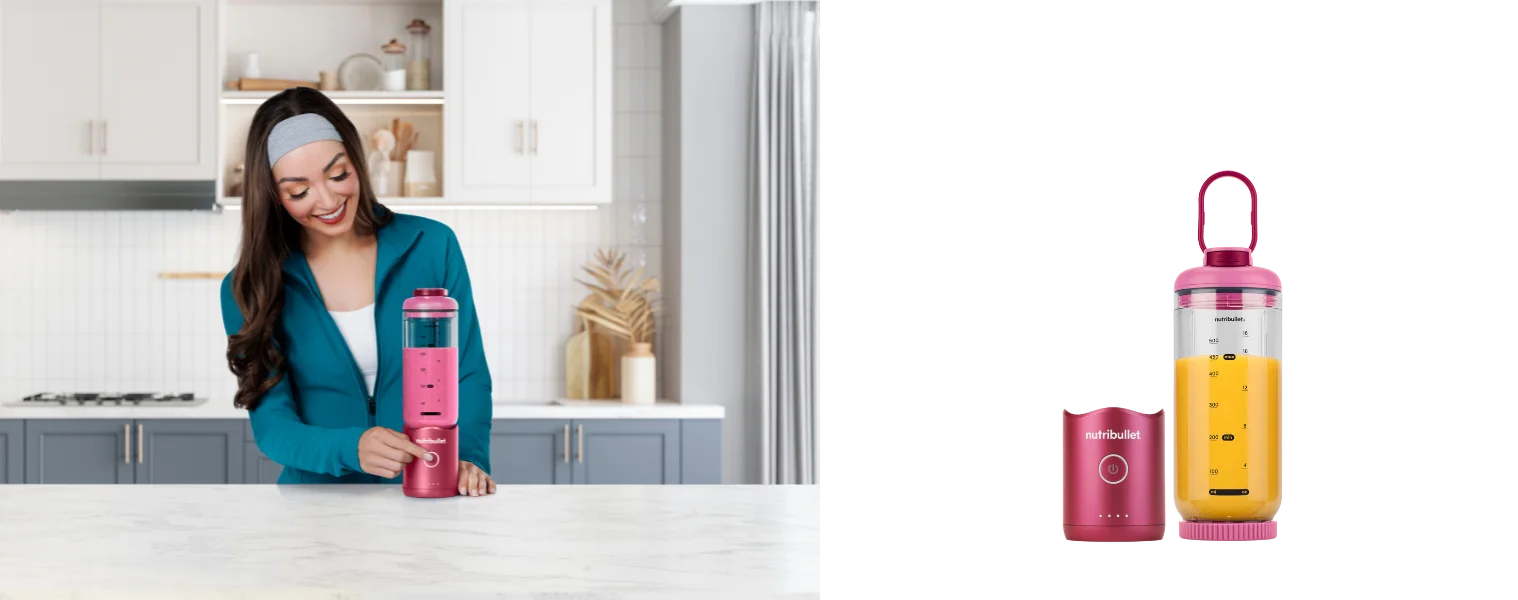Image of a woman using a NUTRIBULLET Flex Portable Blender Ruby Red