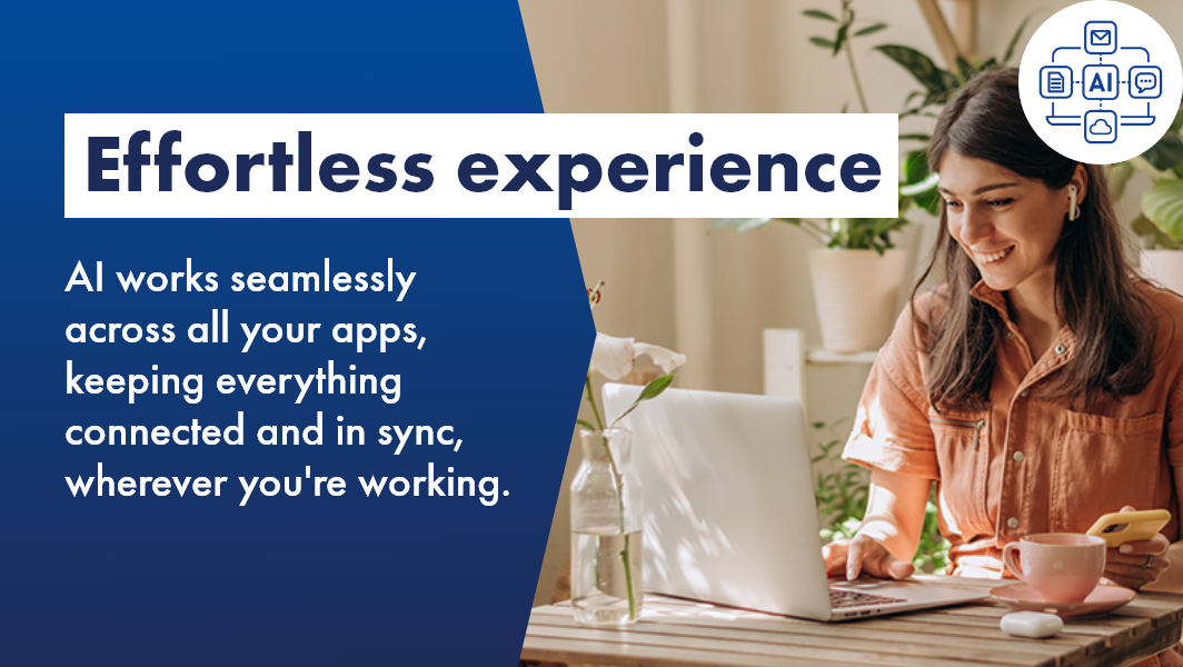 Woman effortlessly working on a laptop at a cafe with AI seamlessly integrated her apps and work. 