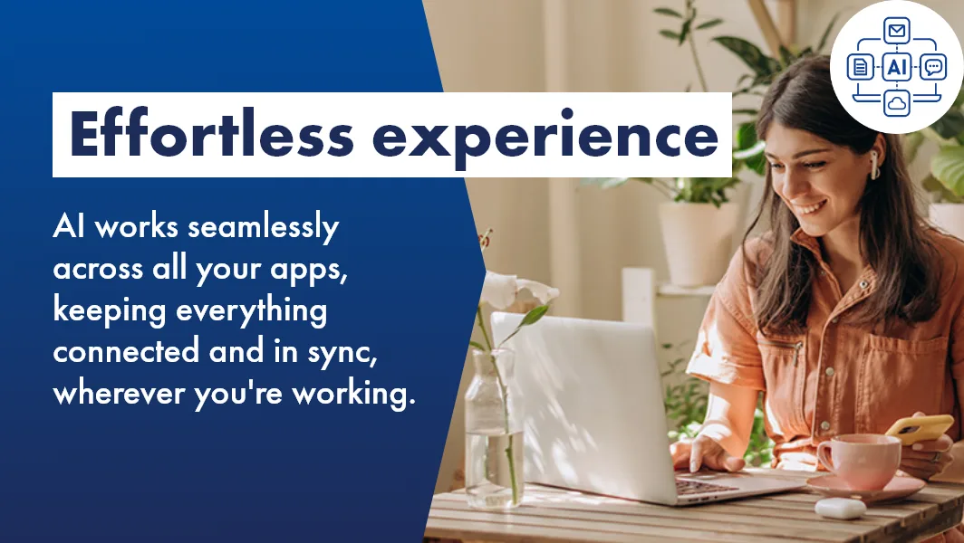 Woman effortlessly working on a laptop at a cafe with AI seamlessly integrated her apps and work.
